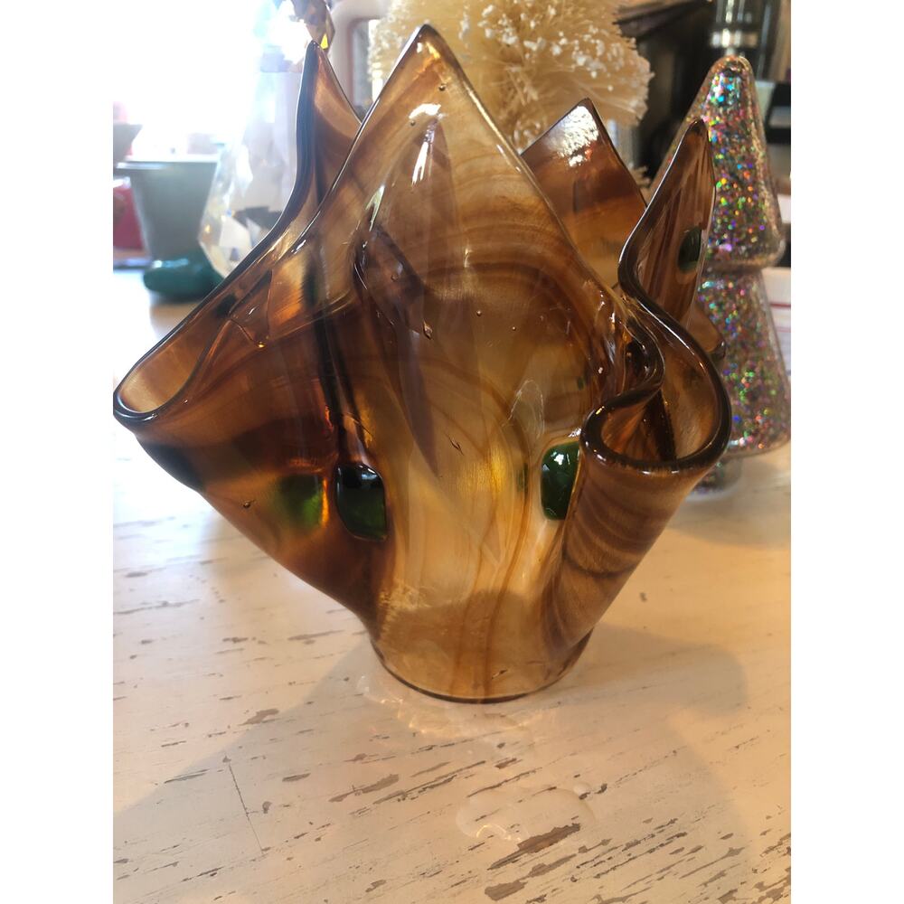Vintage Unmarked Glass Handkerchief Vase 5" Brown with Green Polka Dots
